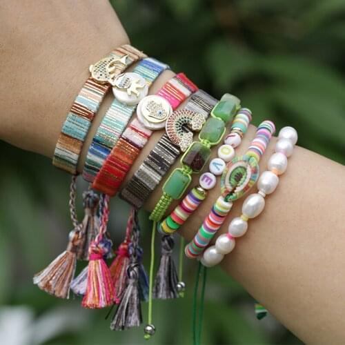 Gold mix rainbow cz shell ethnic boho soft cotton silk tassel tail wristed adjustable charm bracelet for unisex christmas gift