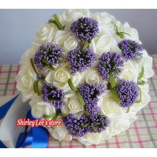 2018 New Design Pretty Artificial Foam rose Bouquet Bridal Bouquet in Ivory+Purple