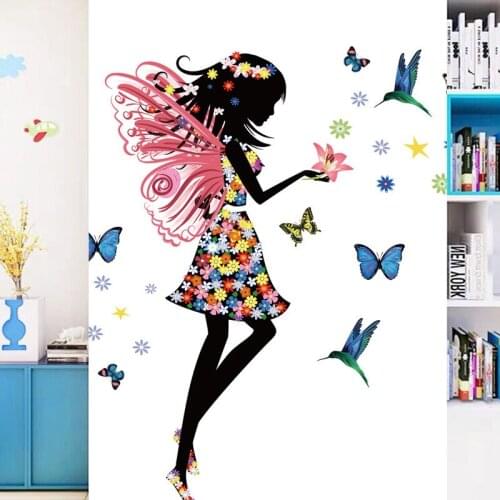 Butterflies Flower Fairy Wall Stickers for Girl Rooms Bedroom Decor DIY Wall Decals Cartoon Mural Art PVC Posters