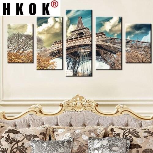 HKOK Home Canvas Pictures Decoration 5 Panel Eiffel Tower Building Prints Poster Modular Wall For Living Room home Painting