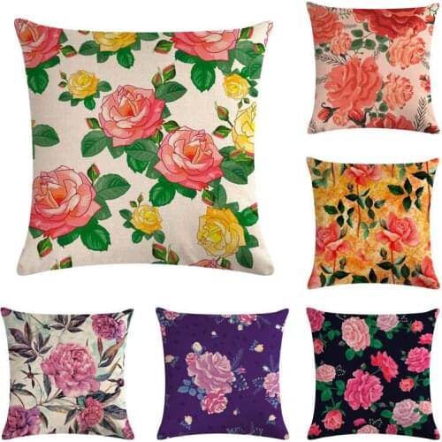 Linen Rose Peony Tulip Flower Pillow Case Soft Throw Pillowcases Square Pillow Covers Home Office Cafe Decor 45* 45cm