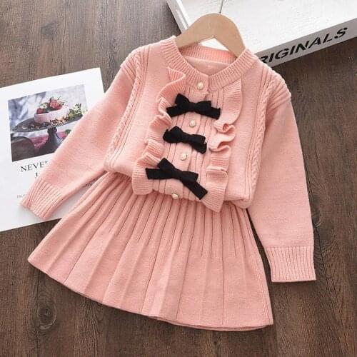Baby Girls Bow Cute Clothing Suits 2021 New Fashion Winter Knitted Sweaters And Skirt Outfits Princess Children Clothing 2-6Y