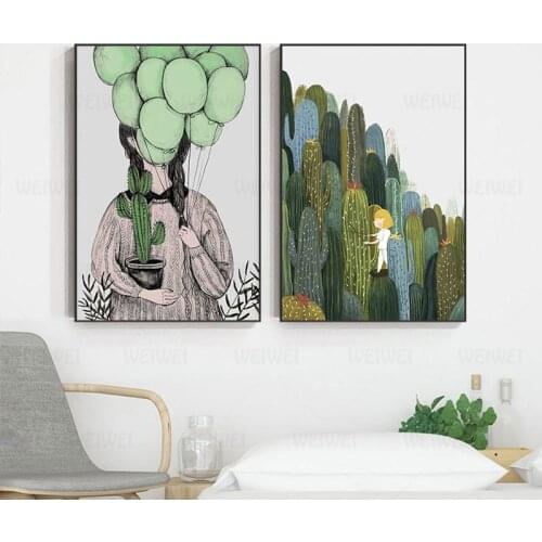 Nordic Green Cactus Poster And Print Balloon Girl Canvas Painting Lovely Wall Pictures For Living Room HD Cartoon Wall Art Decor