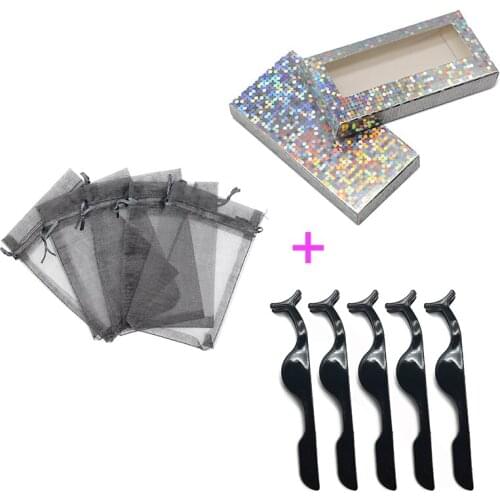 Wholesale Lashes Case Packaging Set with Plastic Eyelash Tweezers and Drawstring Organza Faux Lashes Bag and Lashes Case