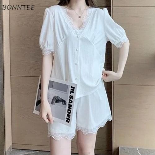Pajama Sets Women New Lace V-neck Single Breasted Elegant Lady Skinny Princess Style Chic Loose Sleepwear Home Clothing Summer