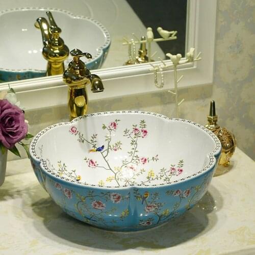 Procelain Europe Vintage Style Art wash basin Counter Top Ceramic Wash Basin Bathroom Sinks flower bird
