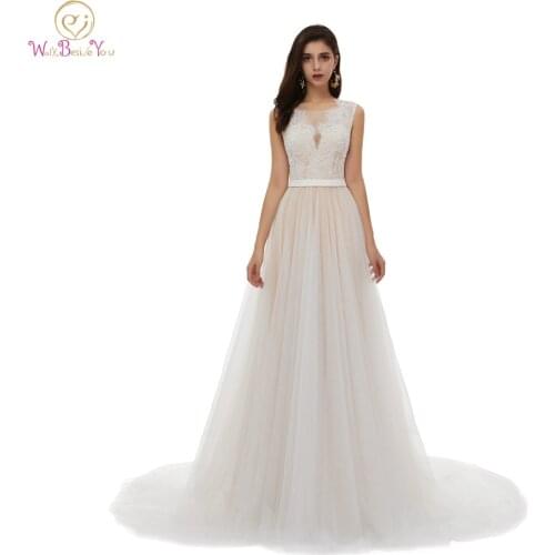 Simple A-Line Sleeveless Boho Wedding Dresses Elegant Scoop-Neck Illusion Lace Bridal Gowns vestido de noiva 2019 robe de mariee