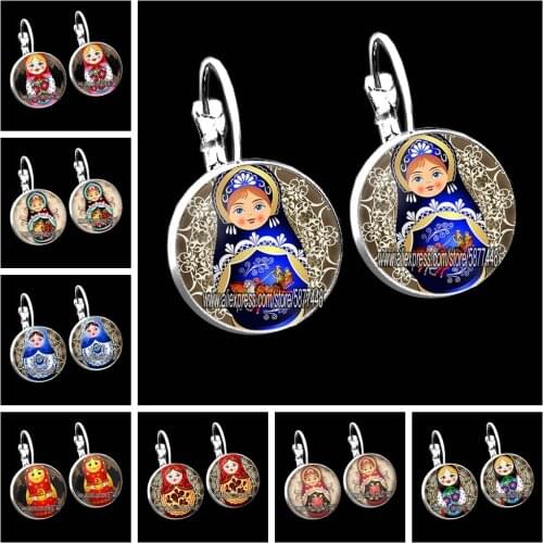 Cute Matryoshka Women Stud Earring Lovely Russian Doll 15mm Glass Cabochon Girl Earrings Gift for New Year and Christmas