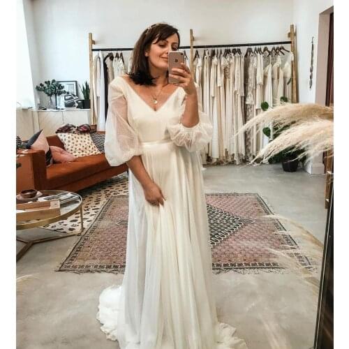Wedding Dress 2021 With Lantern Sleeve V-neck Floor Length Bridal Gowns Charming White Chiffon 30D Court Train White Graceful