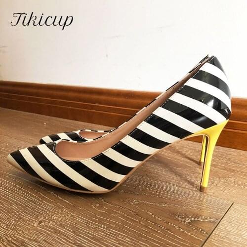 Tikicup Zebra Print Women Patent Stilettos with Yellow High Heels Pointed Toe Slip On Dress Shoes Sexy Party Pumps for Ladies