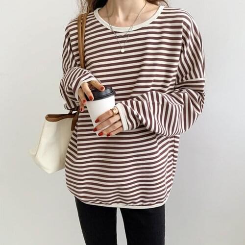 Korean Loose Stirped Tshirt Women Cotton Long Sleeve T-shirt Casual Fashion O-neck Tee Shirt Femme 2021 New Autumn Female Tops