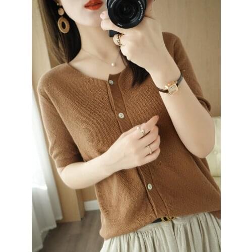 Pure cotton T-shirt women 2021 new round neck pullover casual plus size top women Korean slim knit cardigan short sleeve solid