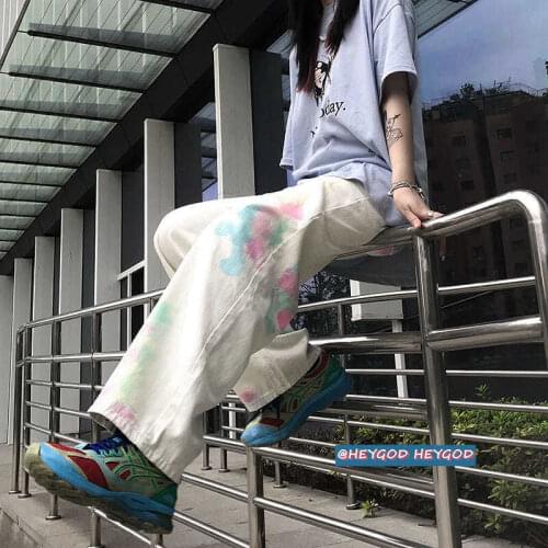 Womens Straight-Leg Jeans Ankle-Leg Loose Tie-Dye Color Retro Casual Denim Mid-Waist Spring Summer White Wide-Leg Pants