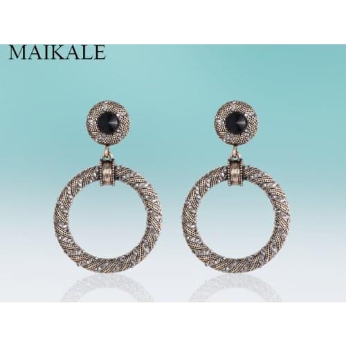MAIKALE New Vintage Hanging Big Circle Zinc Alloy Earrings Micro inlay Rhinestone Drop Earring for Women Jewelry Classic Gifts
