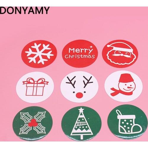 DONYAMY 90pcs Round Red White Green Merry Christmas Snowman Santa Elk Seal Sticker Baking Package