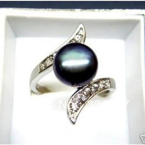 Free Shipping Black Akoya Cultured pearl Bead ring