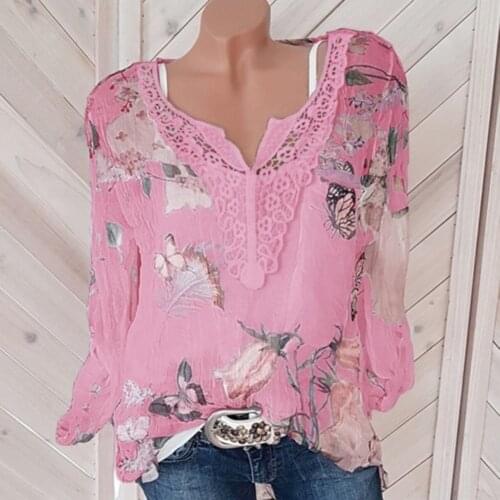 Blouses Beach Loose Blouse printing Shirt Women Fashion Butterfly Flower Printed Women Loose Lace V-Neck Long Sleeve Blouse Top