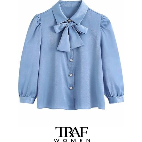 TRAF Za Women Fashion With Bow Tied Cozy Blouses Vintage Three Quarter Sleeve Rhinestone Buttons Female Shirts Chic Tops