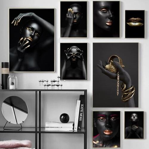 African Art Black and Gold Scandinavian Woman Canvas Painting Posters and Prints Wall Art Pictures For Living Room Home Decor