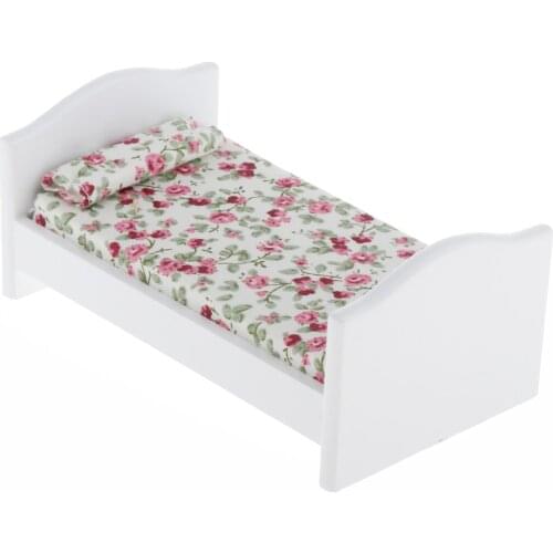 1/12 Wood Bed Mattress Pillow Set Furniture Model for Dollhouse Bedroom Decor, Retro Style, Pink Floral Patterns