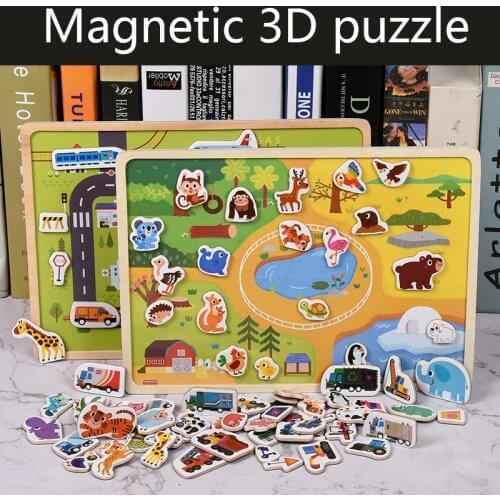Wooden Magnetic Puzzle Animal Traffic Vehicle Scenes Game Children Baby Early Educational Learning Toys Jigsaw Puzzles for Kids