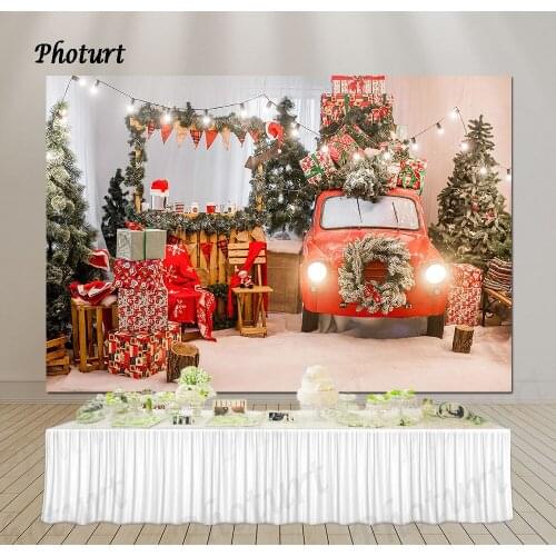 PHOTURT Christmas Decoration Photography Backdrop Cartoon Car Background Gift Tree Vinyl Photo Booth Props