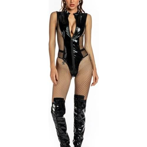 Hot Sexy Tight Pole Dance 2 Way Zipper Wear Shiny Gloosy PVC Leather High Cut Bodysuit One Piece Swimsuit Sexy Mesh Bodysuit