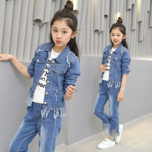 Childrens clothing sets 2019 new jeans spring and autumn girls two-piece jeans tassel denim jacket+jeans body suit baby clothes