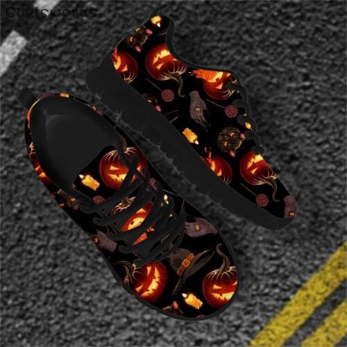 ELVISWORDS Halloween Gifts Mans Casual Lace Up Flats Sneakers Pumpkin Zombie Hand Design Teen Boys Breathable Walking Footwear