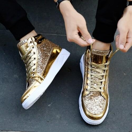 New Men Hip Hop shoes bright face leather casual shoes Gold fashion sneakers silver high tops Male retro Black shoes