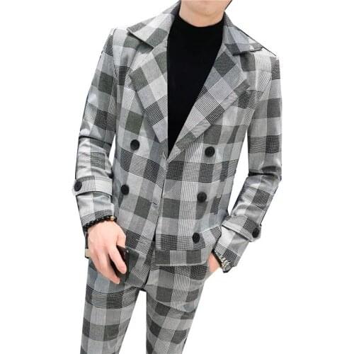 Mens Autumn Winter Double Breasted Plaid Slim Suit 2 Pieces Sets Jacket Trousers / High Quality Mens Dress Blazer Coat Pants