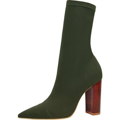 N04 Europe The United States Fashion Wood Grain Heel Thick Heel High Heel Pointed Elastic Sexy Nightclub Show Thin Ankle Boots