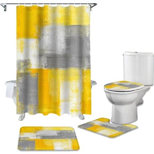 Oil Painting Abstract Geometric Yellow Shower Curtain Set Carpet Cover Toilet Cover Bath Mat Waterproof Bathroom Curtain Set