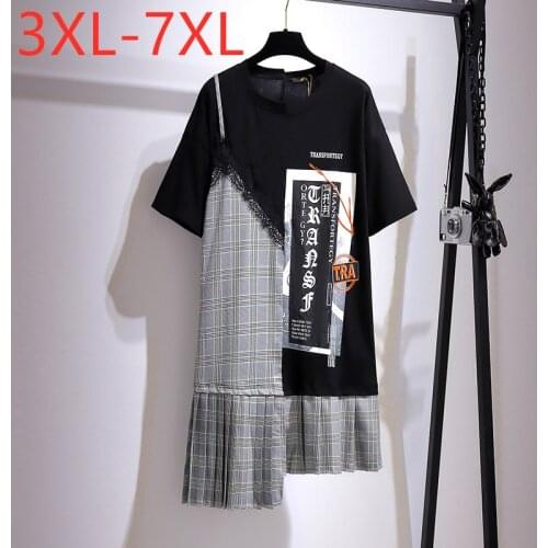 New 2021 Ladies Summer Plus Size Mini Dress For Women Large Short Sleeve Loose Cotton Plaid Lace Print Dress 3XL 4XL 5XL 6XL 7XL