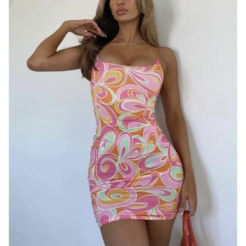 2021 Summer Pink New Fashion Flowers Print Package Hip Skirt Dress Small Sling Nightclub Spice Sexy Girl Mini Dress