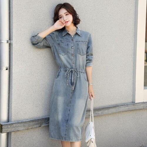 New Denim Dress Women Autumn 2021 Casual Vintage Turn-down Collar Long Sleeve Draw String Embroidery Loose A-Line Denim Dress