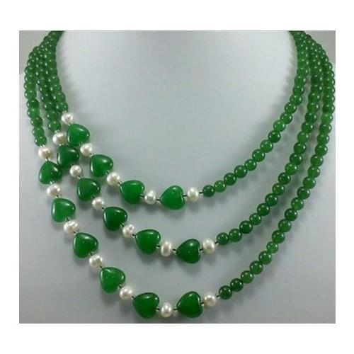 3 Rows 6mm green heart-shaped Jade Freshwater White Pearl Necklace