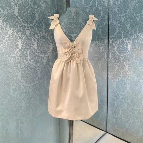 Sexy Deep V Collar Luxury Diamond Bowknot Mini Dress Summer Black Slim Dress White Bow Sexy Sleeveless Light Party Dress Clothes