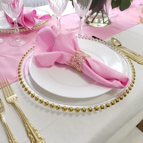 1PC Clear Charger Plate with Gold Beads Rim Acrylic Plastic Decorative Service Plates Dinner Serving Wedding Xmas Party Decors