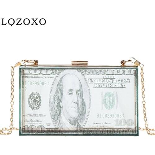 EUR 100 Cash Money Women Evening Bags Printed Fashion Lady Handbags With Chain Shoulder Plastic Party Purse