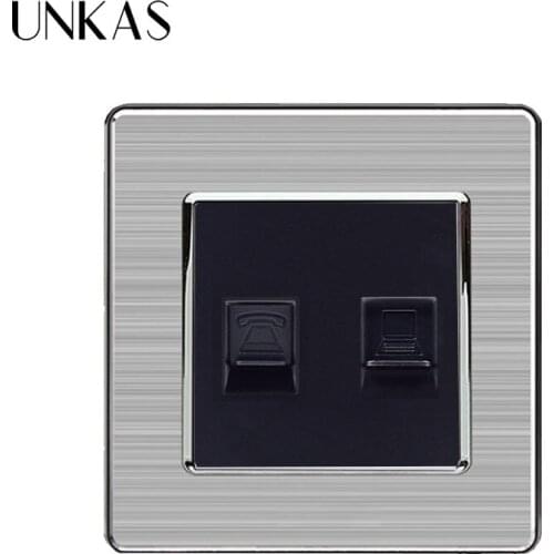 UNKAS RJ45 Internet Data Jack CAT5E Connector With 2 Core RJ11 Telephone Outlet Stainless Steel Brushed Panel Wall Socket