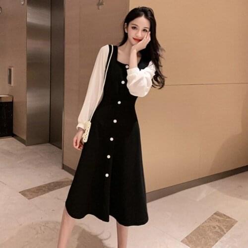 Retro Square Collar Autumn New Patchwork Long Sleeve below the Knee Dress Women Woman Dresses Vestido De Mujer Femme Robe