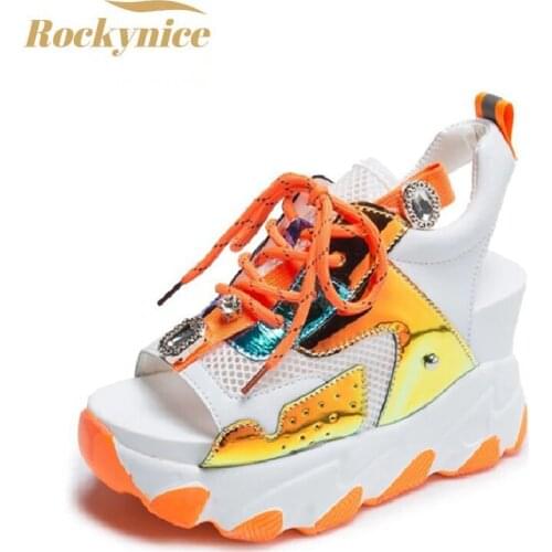 Women Chunky Platform Sandals Fashion Summer Mixed Colors 9.5cm Wedge Sneakers Beach Shoes Sweet Campus Mesh Open Toe High Heels