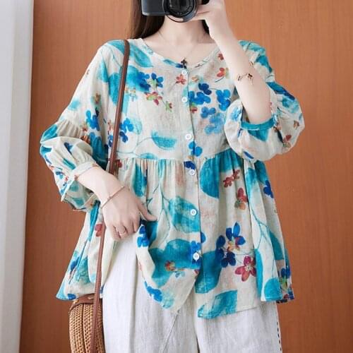 Women Summer Loose Casual Shirts New Arrival 2021 Simple Style O-neck Vintage Floral Print Female Cotton Linen Tops B139