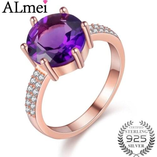 Almei 2.5ct Amethyst Female Purple Ring Rose Gold Color Jewelry Vintage Wedding Rings Silver 925 Birthtone with Box 40% FJ104