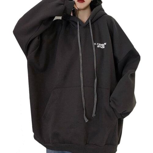 Winter Fashion Clothes Women Hoodie Long Sleeve Dark Gray Sweatshirt Letters D-yangjun Studid Plus Velvet Harajuku Lady Pullover