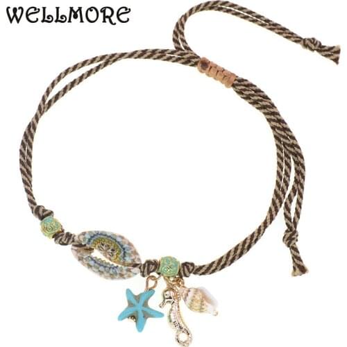 WELLMORE colorful shell anklet bracelet handmade rope chain BOHO anklets lace-up charm bracelet women Foot Jewelry