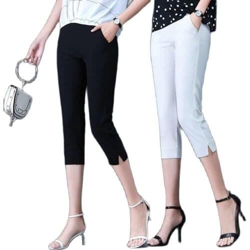 Women Ladies Pencil Pants Summer Pockets Button Skinny Calf Length Pants Casual Stretch 3/4 Trousers Plus Size Female Capris