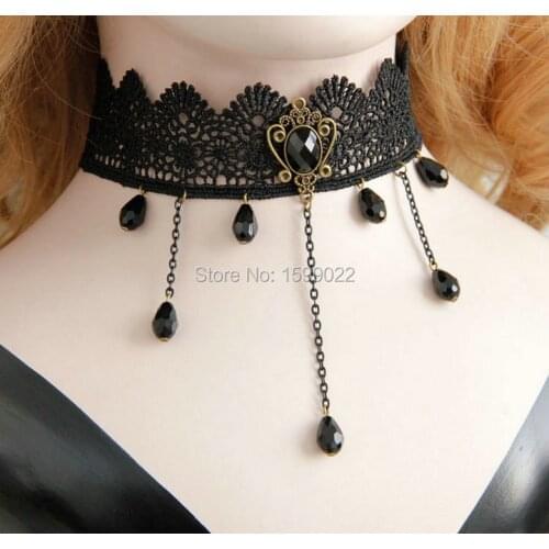 Black Lace Collar Fringe Tassel Goth Tattoo Necklace for Women Young Lady Statement Boho Jewelry Waterdrop Pendant Choker Gift