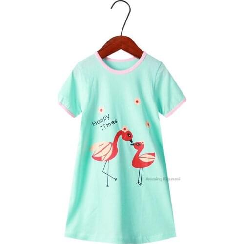 Kids Girl Nightgown Summer Cartoon Round Neck Flamingo Night Dress Pink Princess Pajamas Home Dress For Teenage Girls Sleepwear